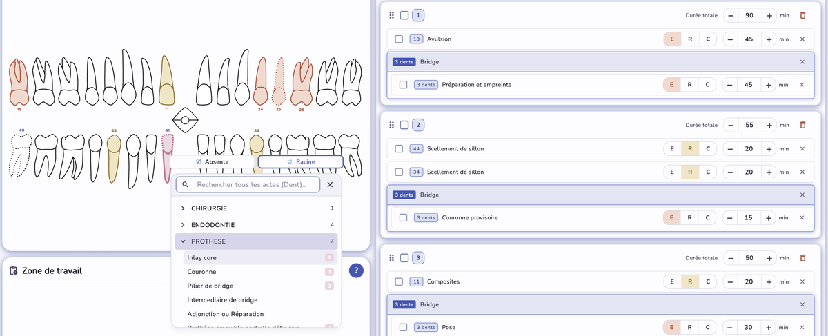 Écran principal Minimo avec schéma dentaire et séances